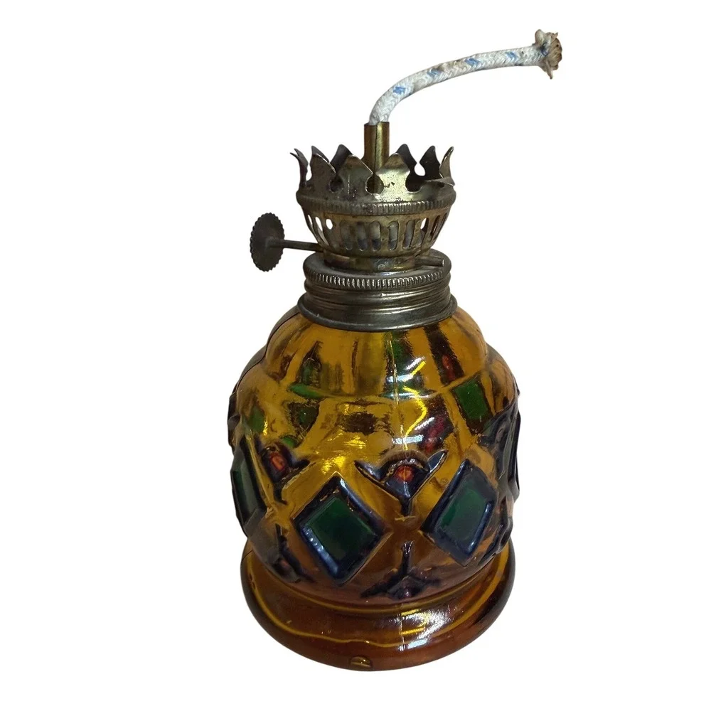 Vintage Amber Glass Mini Oil Lamp Stained Glass Diamond Pattern Hong Kong